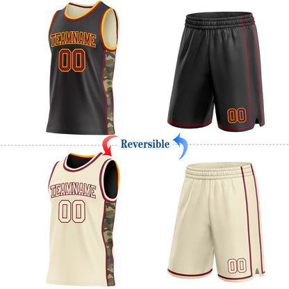 Custom Black(Cream) Crimson-Gold Camo Side Panel Stripe Reversible Double Side Sublimation Basketball Set Jersey