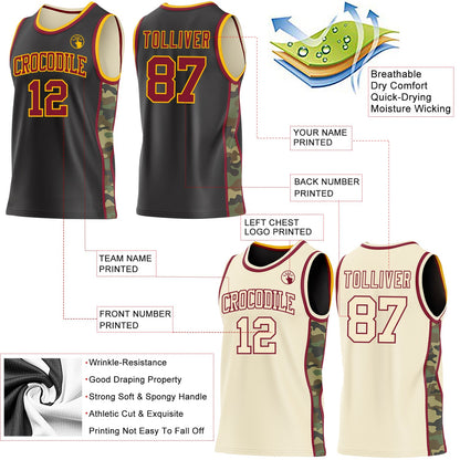 Custom Black(Cream) Crimson-Gold Camo Side Panel Stripe Reversible Double Side Sublimation Basketball Set Jersey