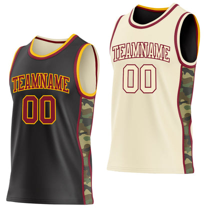 Custom Black(Cream) Crimson-Gold Camo Side Panel Stripe Reversible Double Side Sublimation Basketball Set Jersey