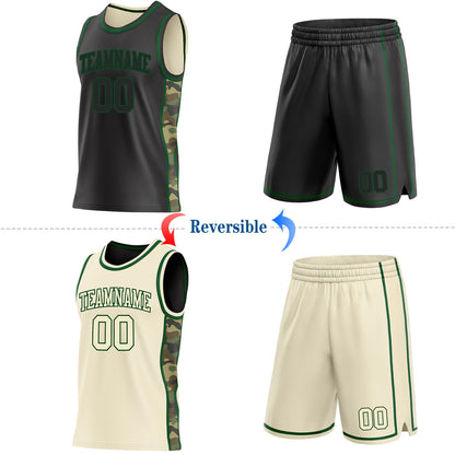 Custom Black(Cream)-Green Camo Side Panel Stripe Reversible Double Side Sublimation Basketball Set Jersey