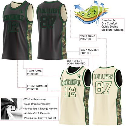 Custom Black(Cream)-Green Camo Side Panel Stripe Reversible Double Side Sublimation Basketball Set Jersey