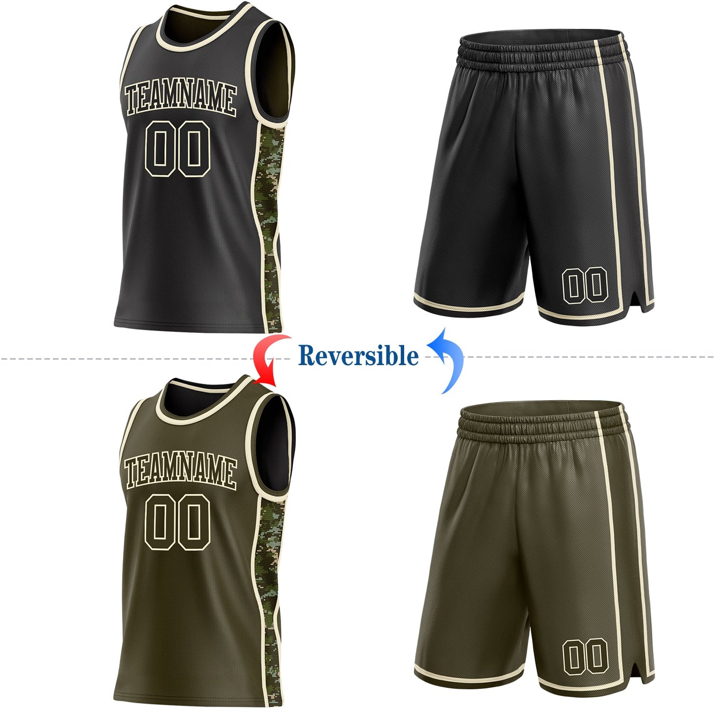 Custom Black(Olive)-Cream Digital Camo Side Panel Stripe Reversible Double Side Sublimation Basketball Set Jersey