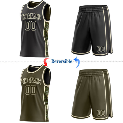 Custom Black(Olive)-Cream Digital Camo Side Panel Stripe Reversible Double Side Sublimation Basketball Set Jersey