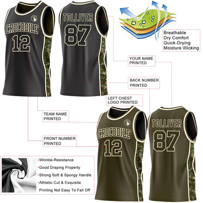 Custom Black(Olive)-Cream Digital Camo Side Panel Stripe Reversible Double Side Sublimation Basketball Set Jersey