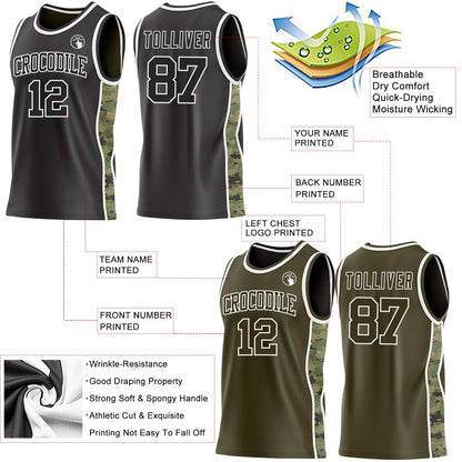 Custom Black(Olive)-White Digital Camo Side Panel Stripe Reversible Double Side Sublimation Basketball Set Jersey
