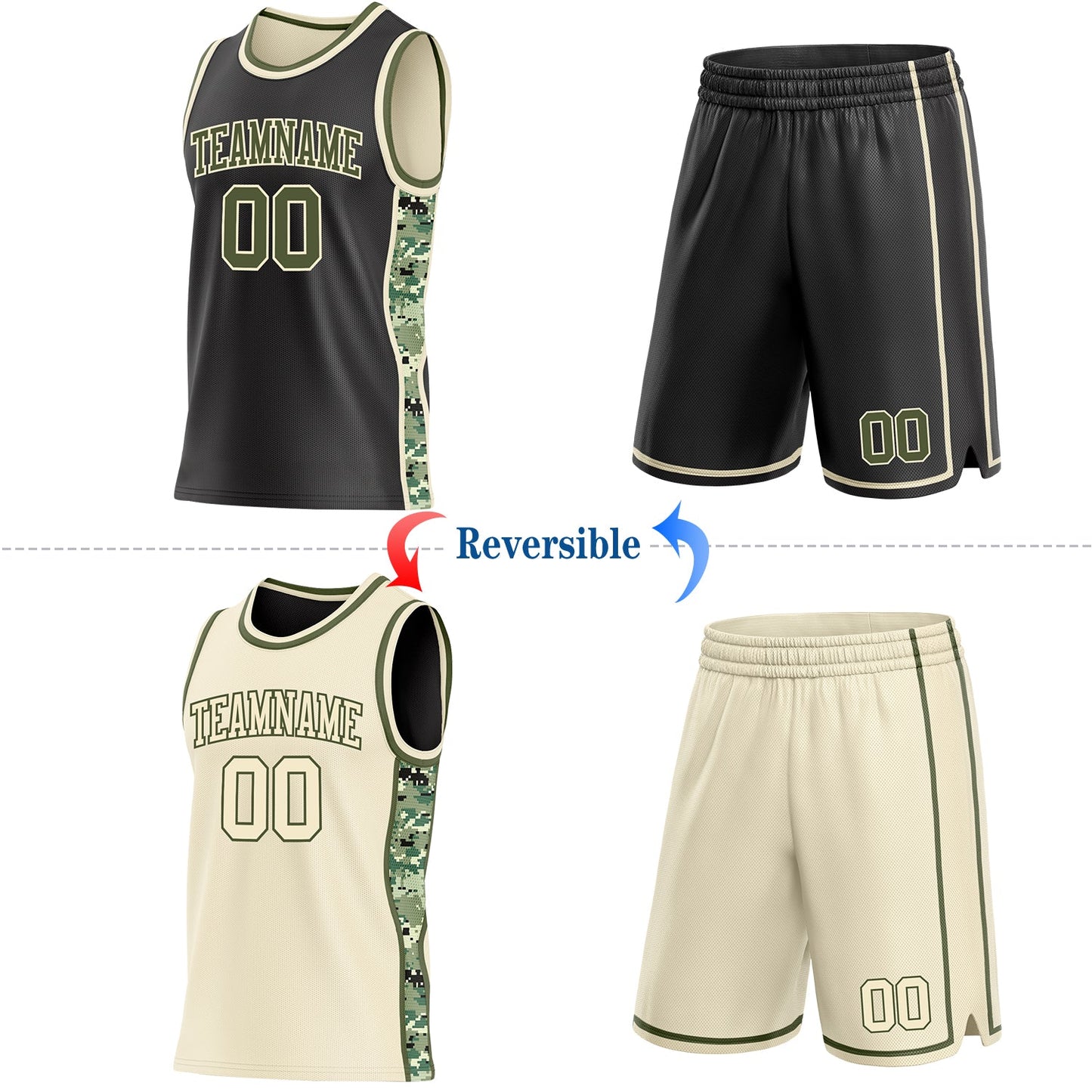 Custom Black Olive-Cream Digital Camo Side Panel Stripe Reversible Double Side Sublimation Basketball Set Jersey