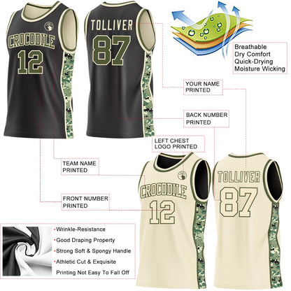 Custom Black Olive-Cream Digital Camo Side Panel Stripe Reversible Double Side Sublimation Basketball Set Jersey