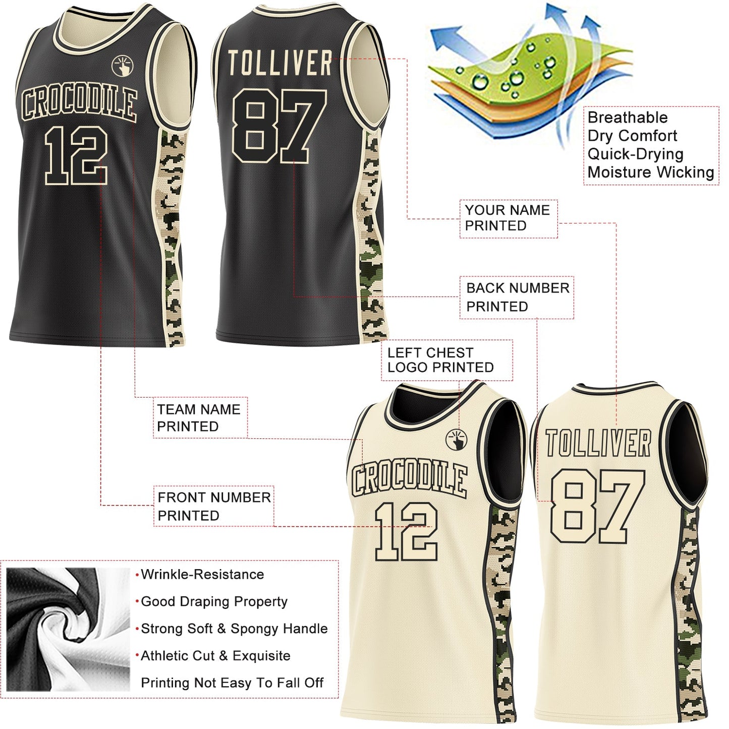 Custom Black-Cream Digital Camo Side Panel Stripe Reversible Double Side Sublimation Basketball Set Jersey