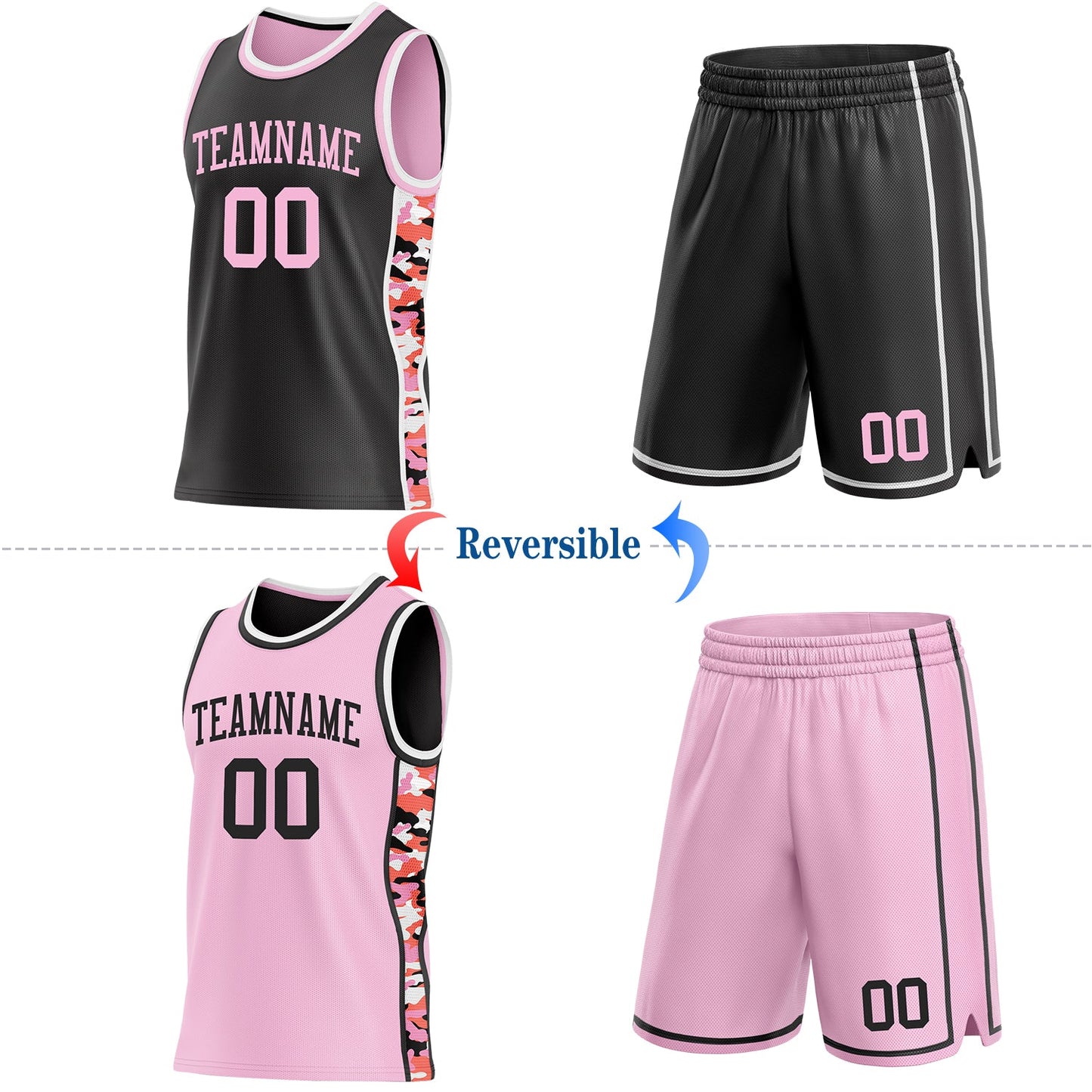 Custom Black Light Pink-White Digital Camo Side Panel Stripe Reversible Double Side Sublimation Basketball Set Jersey