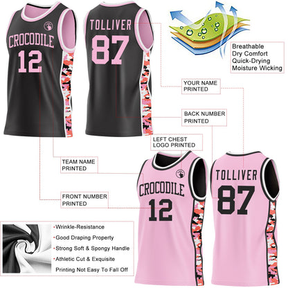 Custom Black Light Pink-White Digital Camo Side Panel Stripe Reversible Double Side Sublimation Basketball Set Jersey