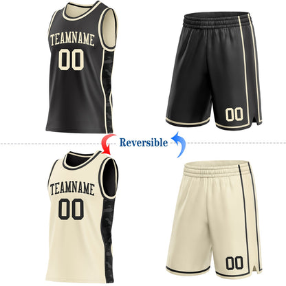 Custom Black-Cream Camo Side Panel Stripe Reversible Double Side Sublimation Basketball Set Jersey
