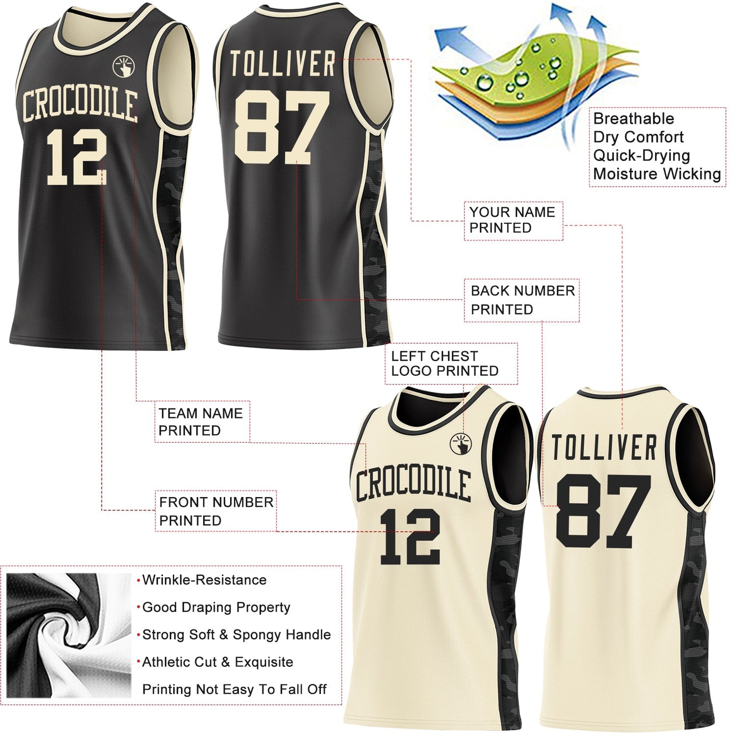 Custom Black-Cream Camo Side Panel Stripe Reversible Double Side Sublimation Basketball Set Jersey