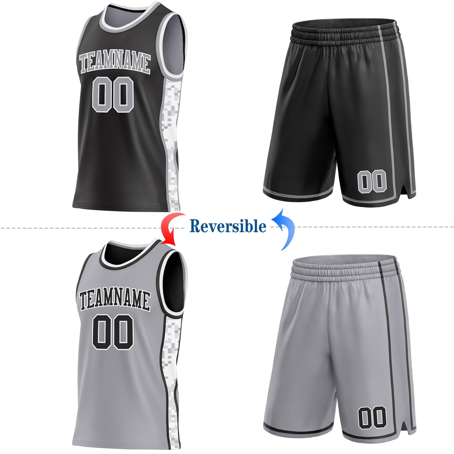 Custom Black Gray-White Arctic Camo Side Panel Stripe Reversible Double Side Sublimation Basketball Set Jersey