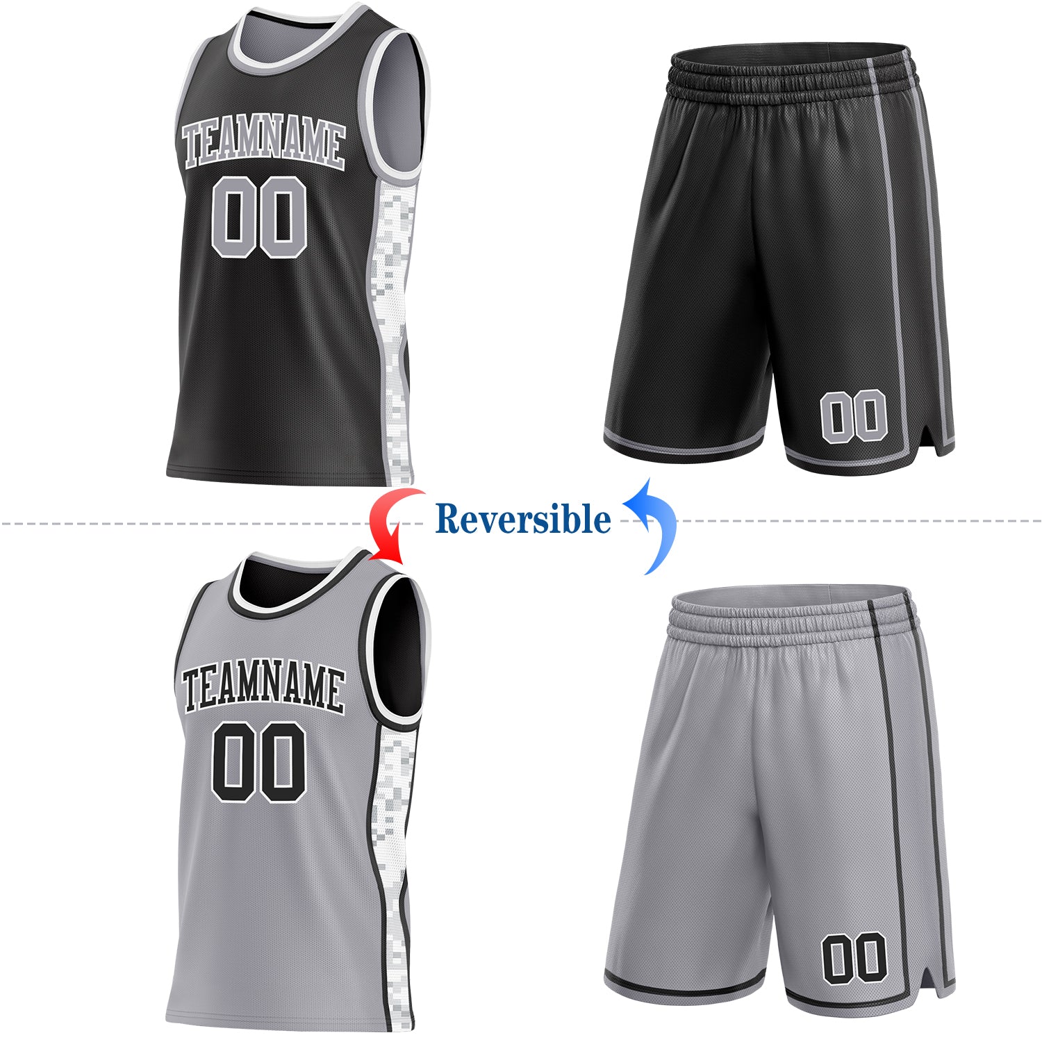 Custom Black Gray-White Arctic Camo Side Panel Stripe Reversible Double Side Sublimation Basketball Set Jersey