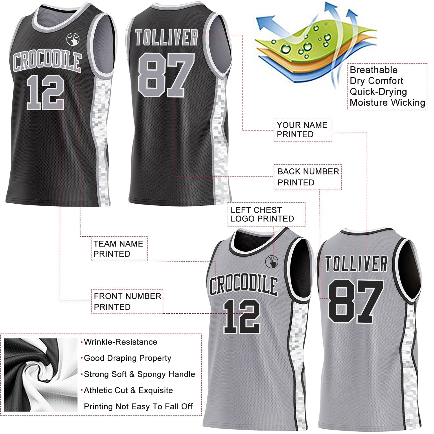 Custom Black Gray-White Arctic Camo Side Panel Stripe Reversible Double Side Sublimation Basketball Set Jersey