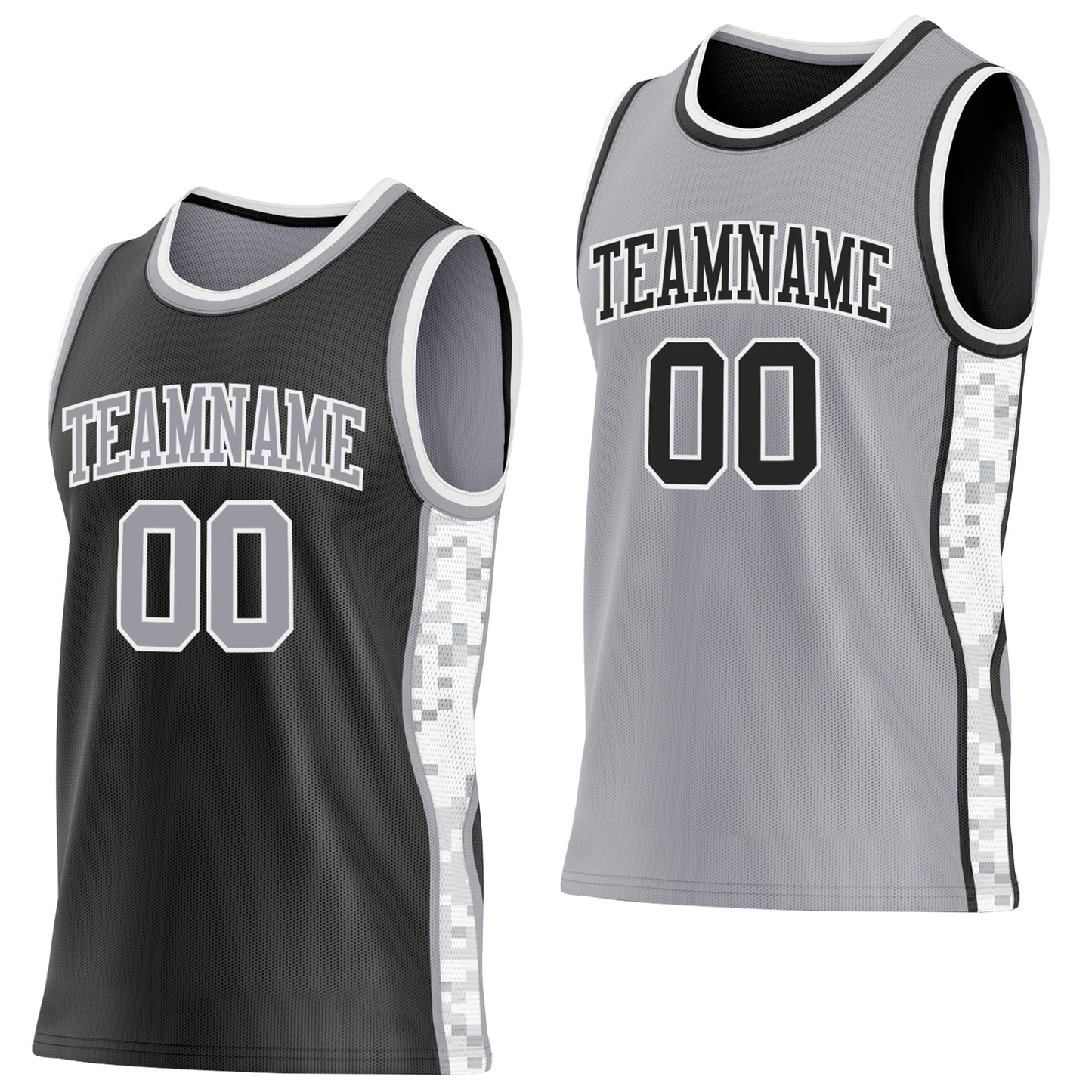 Custom Black Gray-White Arctic Camo Side Panel Stripe Reversible Double Side Sublimation Basketball Set Jersey