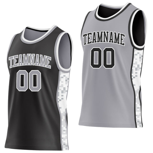 Custom Black Gray-White Arctic Camo Side Panel Stripe Reversible Double Side Sublimation Basketball Set Jersey