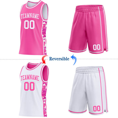 Custom Pink-White Camo Side Panel Stripe Reversible Double Side Sublimation Basketball Set Jersey