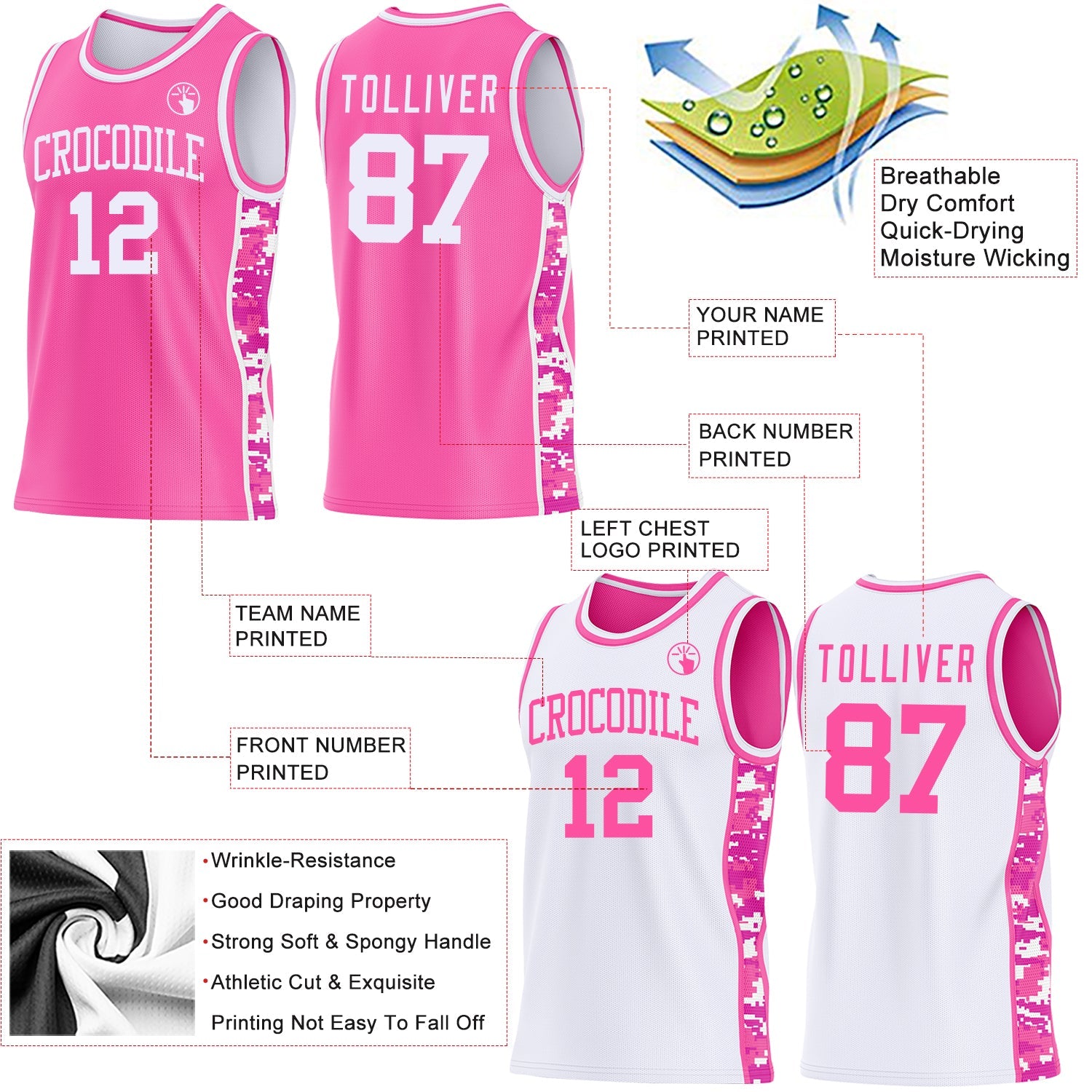 Custom Pink-White Camo Side Panel Stripe Reversible Double Side Sublimation Basketball Set Jersey