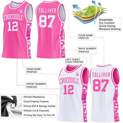 Custom Pink-White Camo Side Panel Stripe Reversible Double Side Sublimation Basketball Set Jersey
