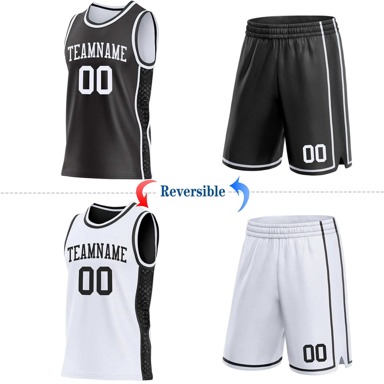 Custom Black-White Mamba Snakeskin Side Panel Stripe Reversible Double Side Sublimation Basketball Set Jersey