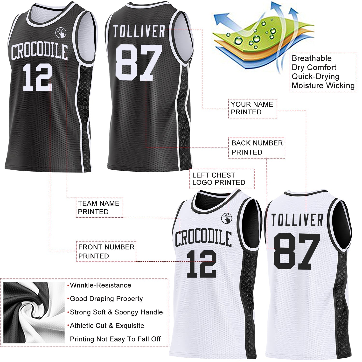 Custom Black-White Mamba Snakeskin Side Panel Stripe Reversible Double Side Sublimation Basketball Set Jersey