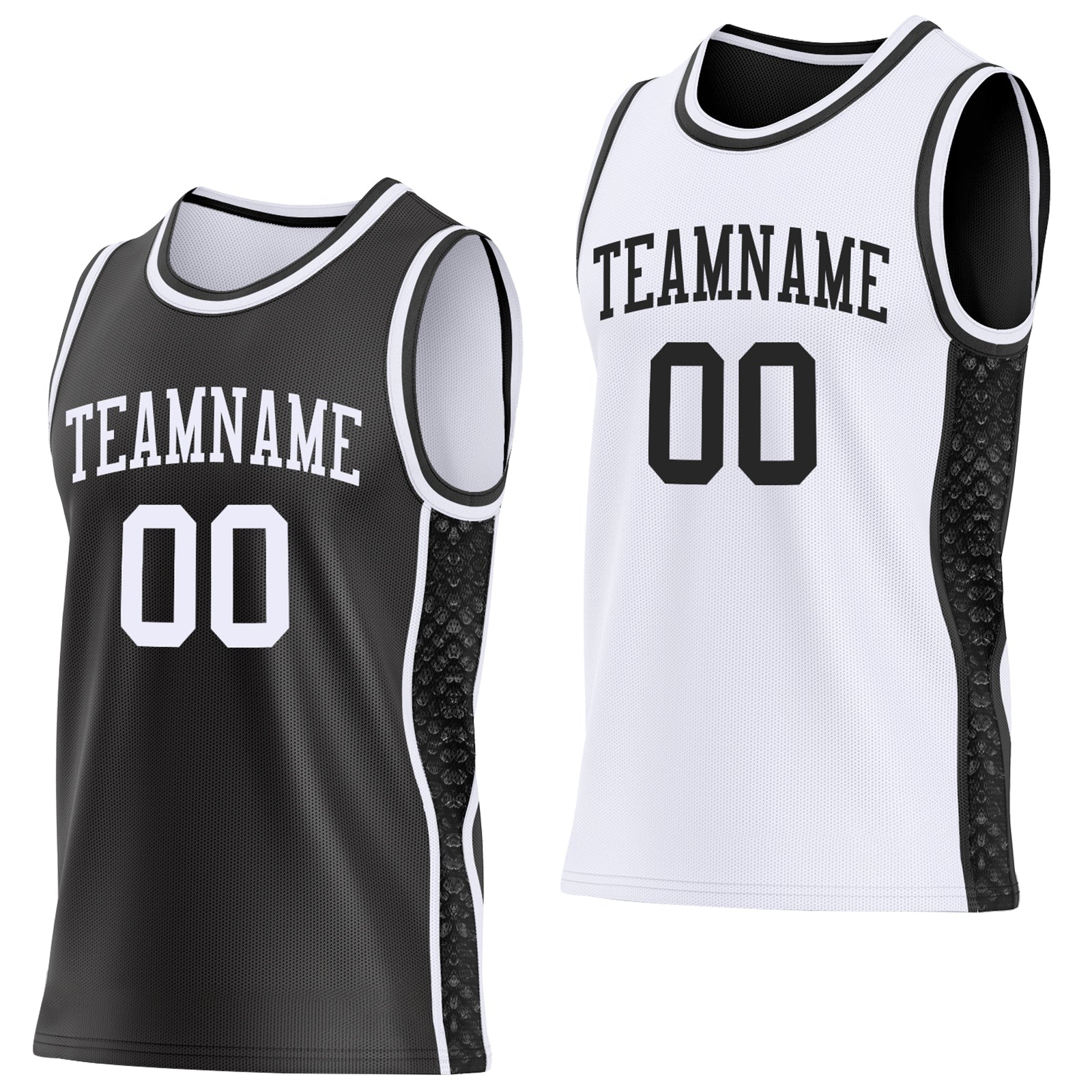 Custom Black-White Mamba Snakeskin Side Panel Stripe Reversible Double Side Sublimation Basketball Set Jersey