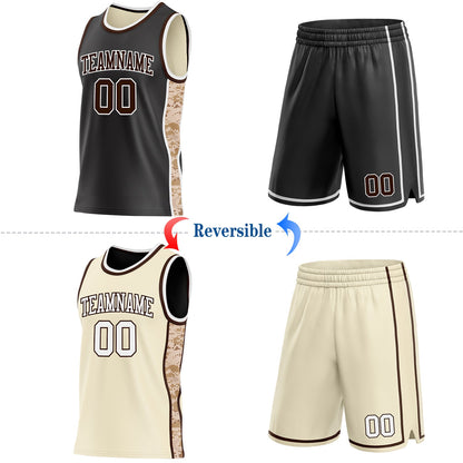 Custom Black(Cream) Brown-White Camo Side Panel Stripe Reversible Double Side Sublimation Basketball Set Jersey