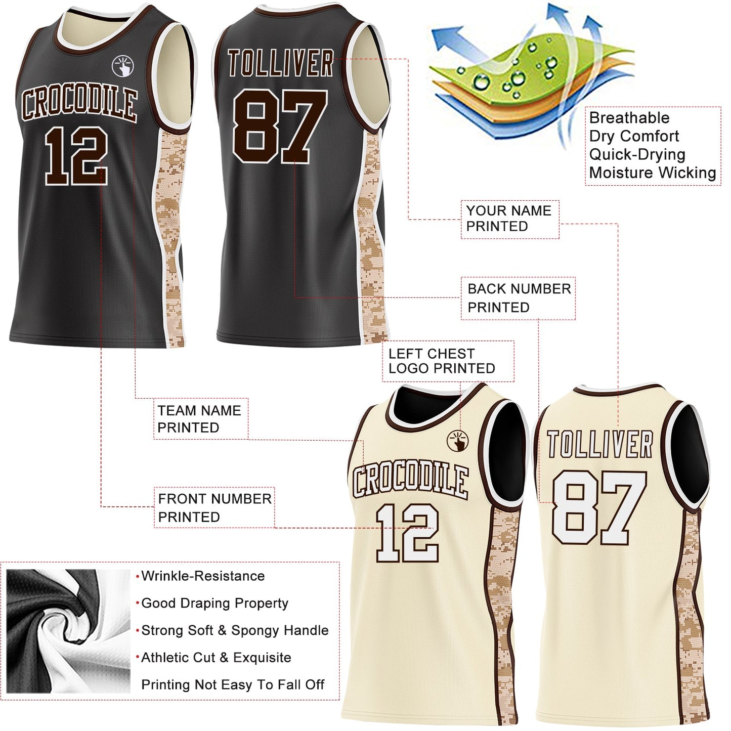 Custom Black(Cream) Brown-White Camo Side Panel Stripe Reversible Double Side Sublimation Basketball Set Jersey