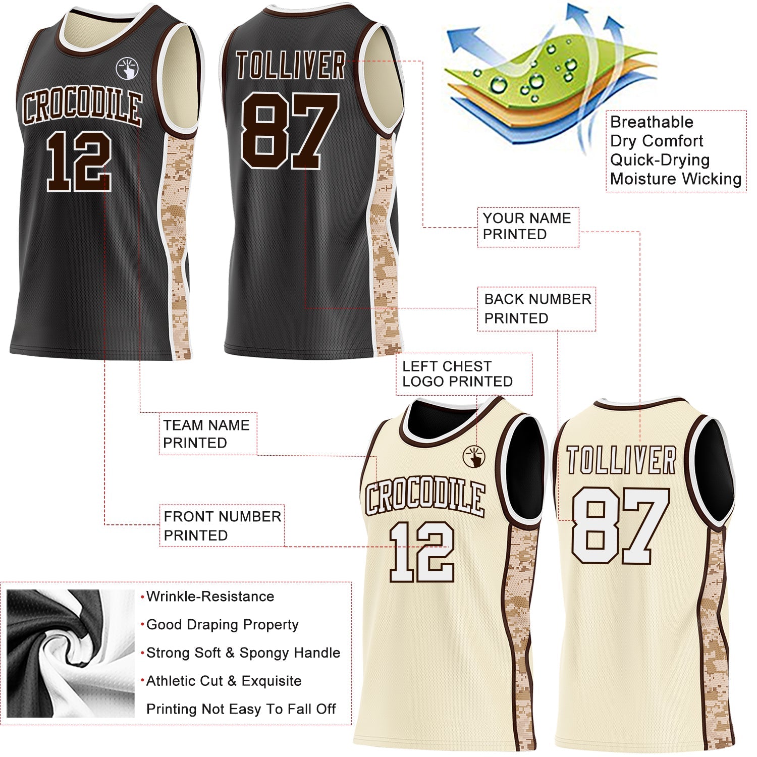 Custom Black(Cream) Brown-White Camo Side Panel Stripe Reversible Double Side Sublimation Basketball Set Jersey