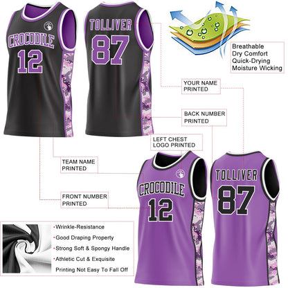 Custom Black Medium Purple-White Camo Side Panel Stripe Reversible Double Side Sublimation Basketball Set Jersey