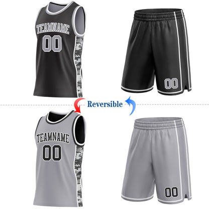 Custom Black Gray-White Camo Side Panel Stripe Reversible Double Side Sublimation Basketball Set Jersey