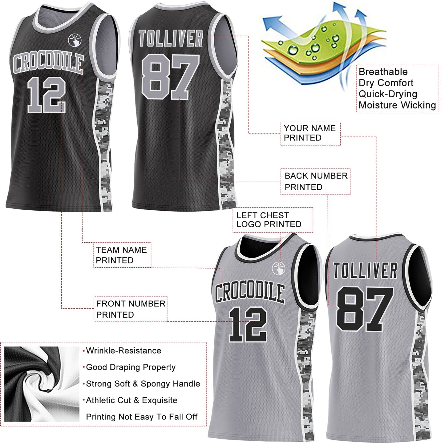 Custom Black Gray-White Camo Side Panel Stripe Reversible Double Side Sublimation Basketball Set Jersey