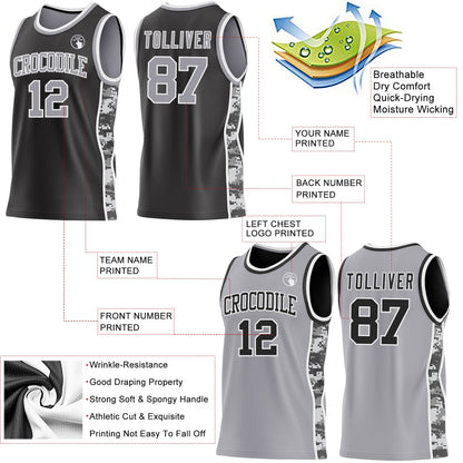 Custom Black Gray-White Camo Side Panel Stripe Reversible Double Side Sublimation Basketball Set Jersey