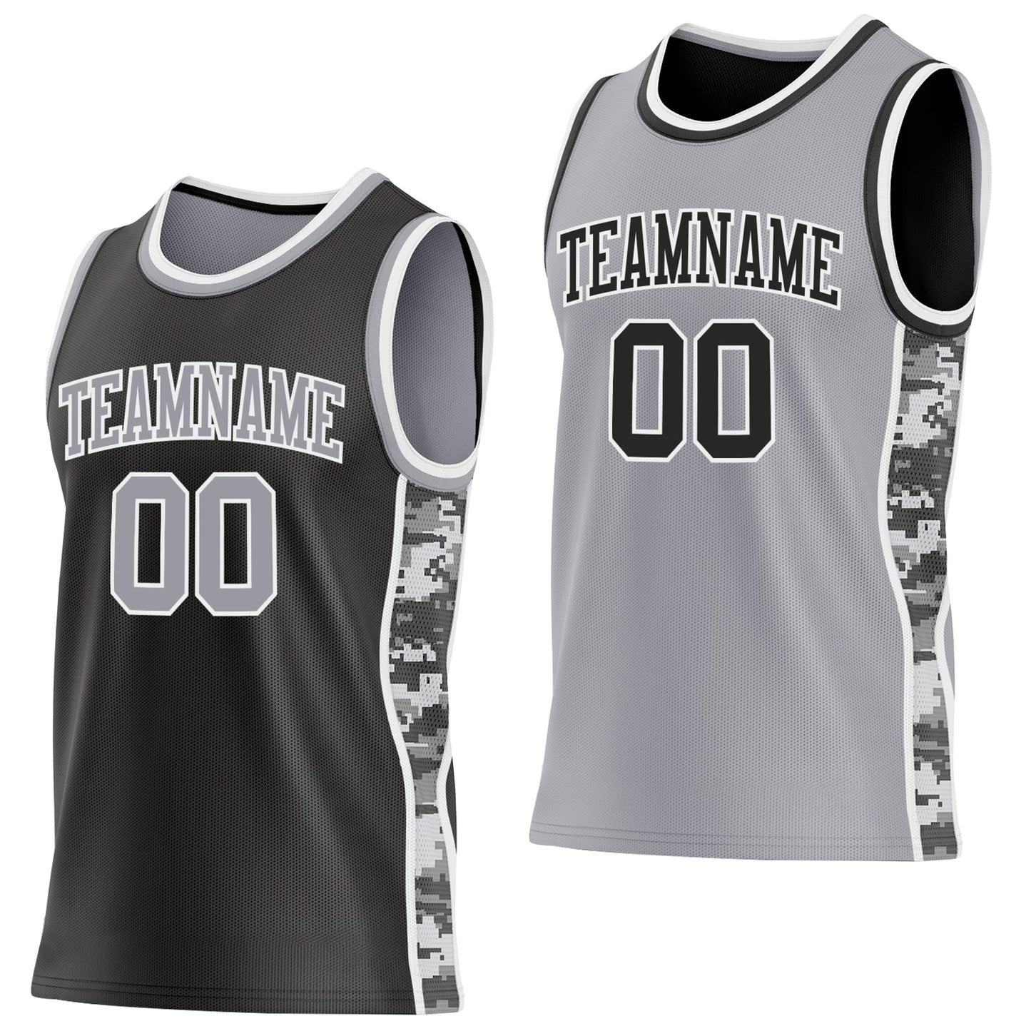 Custom Black Gray-White Camo Side Panel Stripe Reversible Double Side Sublimation Basketball Set Jersey