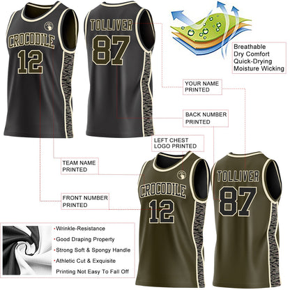 Custom Black Olive-Cream Camo Side Panel Stripe Reversible Double Side Sublimation Basketball Set Jersey