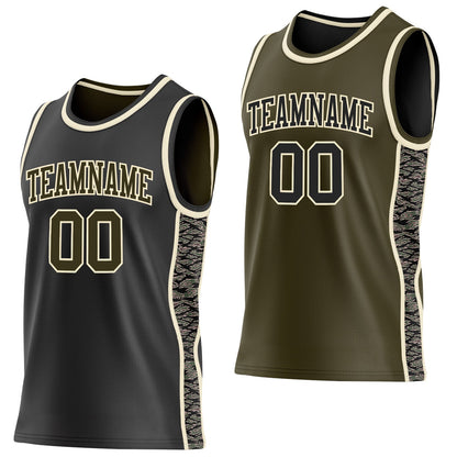 Custom Black Olive-Cream Camo Side Panel Stripe Reversible Double Side Sublimation Basketball Set Jersey