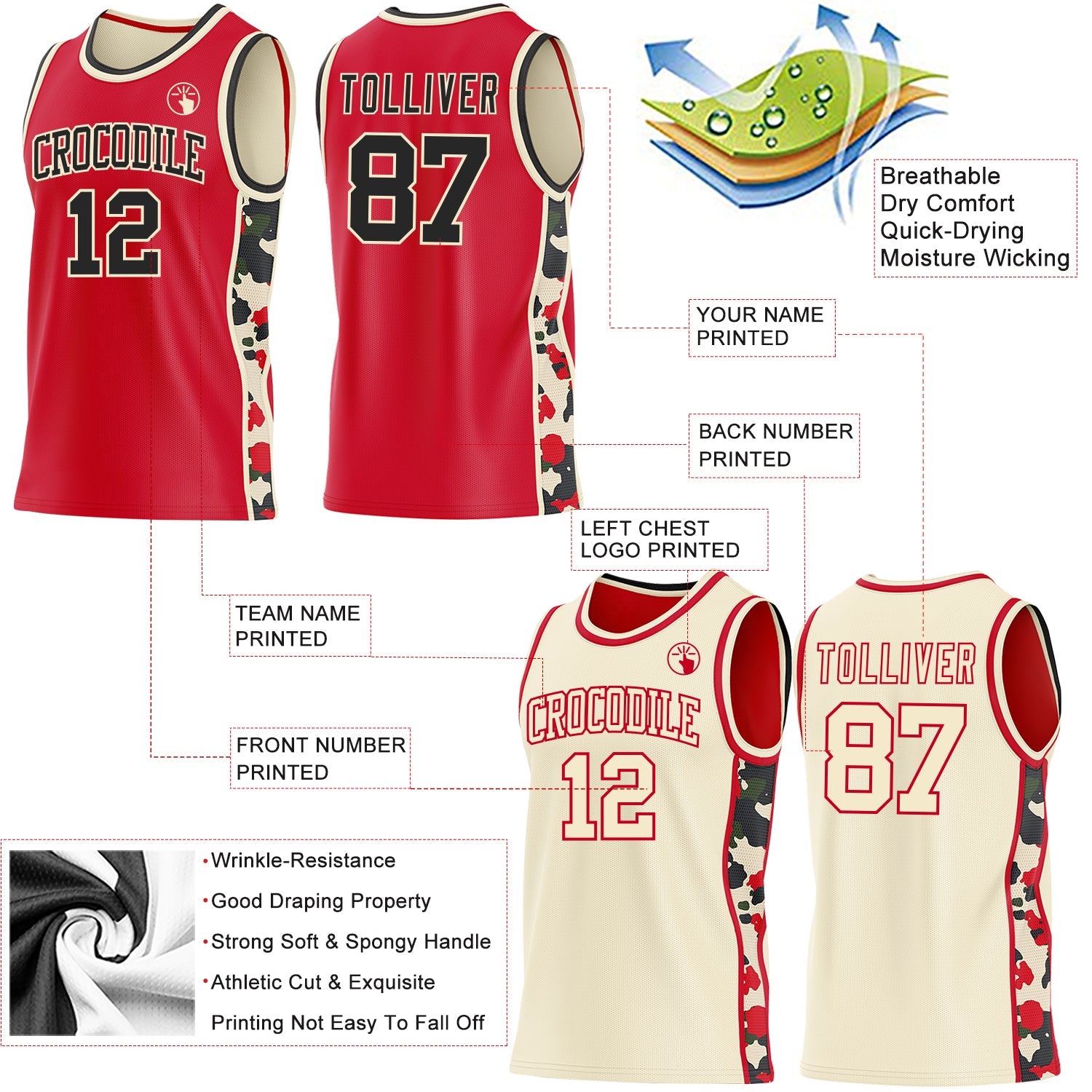 Custom Red Black-Cream Camo Side Panel Stripe Reversible Double Side Sublimation Basketball Set Jersey