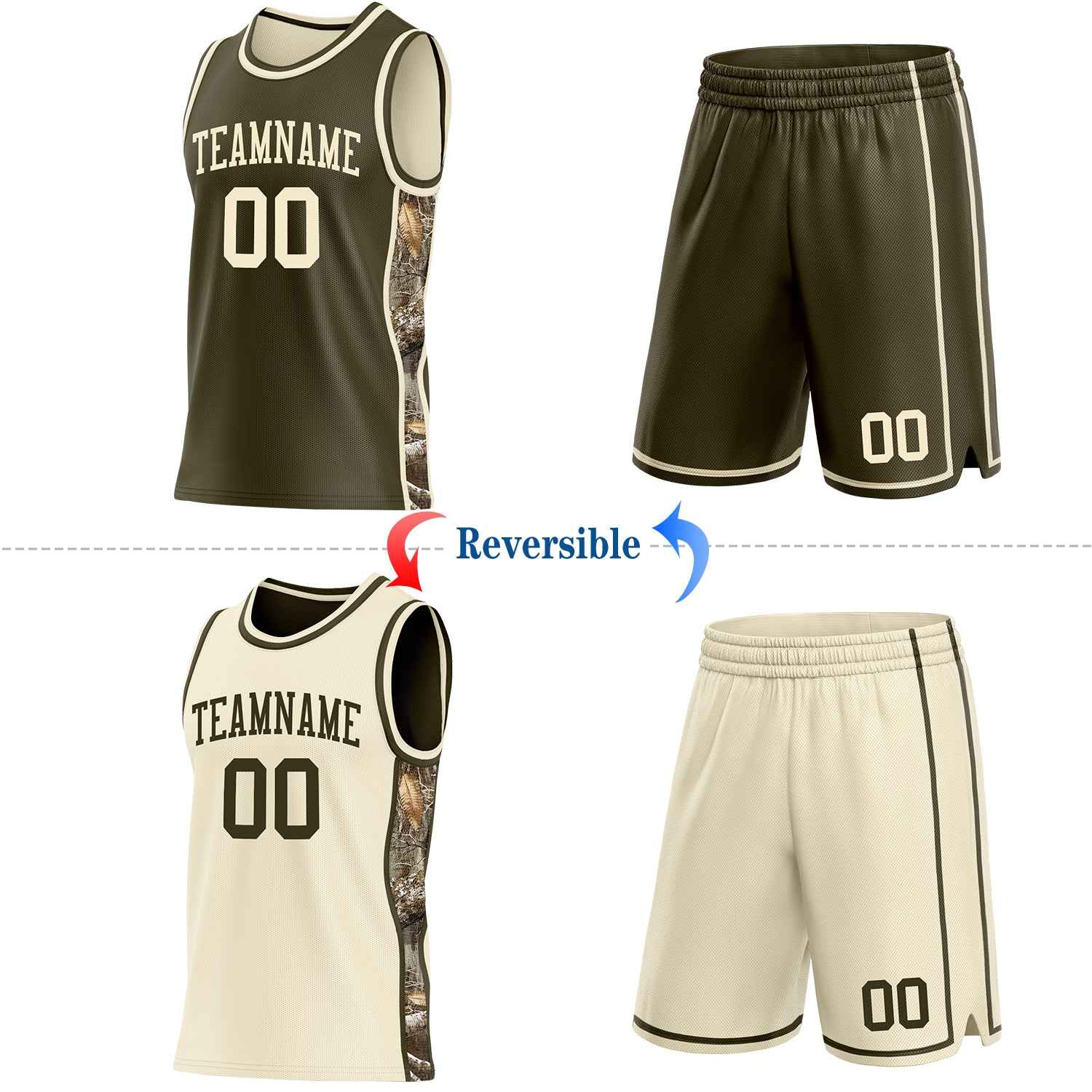 Custom Olive-Cream Woodland Camo Side Panel Stripe Reversible Double Side Sublimation Basketball Set Jersey
