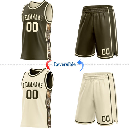 Custom Olive-Cream Woodland Camo Side Panel Stripe Reversible Double Side Sublimation Basketball Set Jersey
