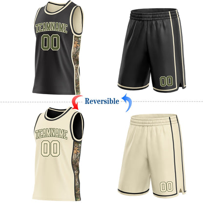 Custom Black Olive-Cream Woodland Camo Side Panel Stripe Reversible Double Side Sublimation Basketball Set Jersey