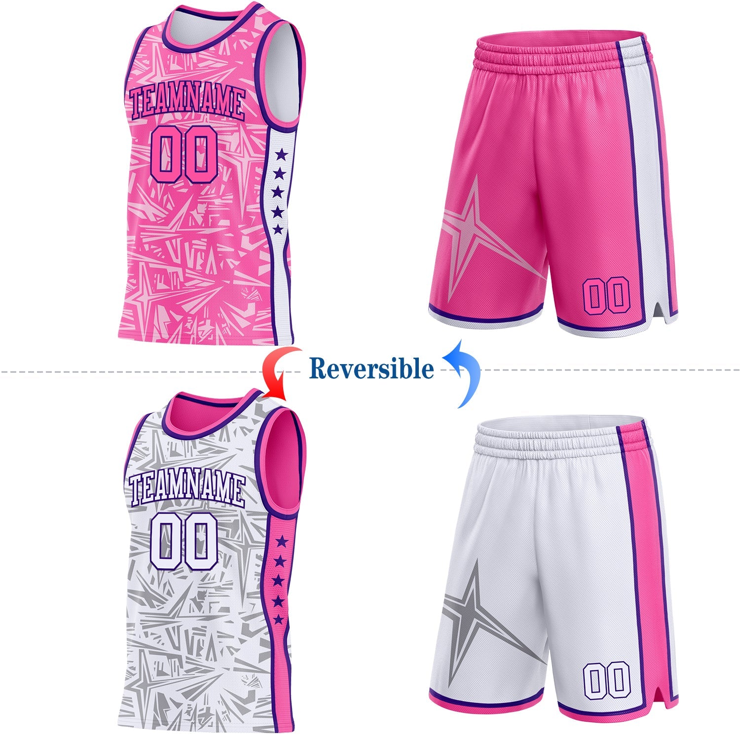 Custom Pink Purple-White Side Panel Stripe Stars Geometric Shatter Starburst Reversible Double Side Sublimation Basketball Set Jersey