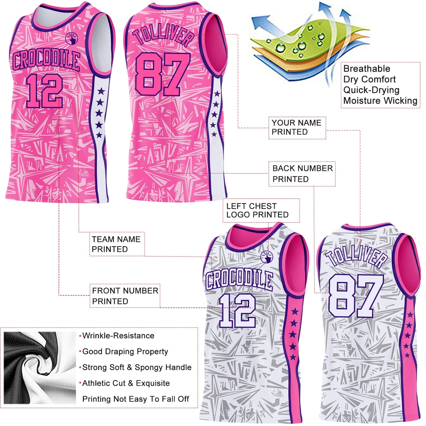 Custom Pink Purple-White Side Panel Stripe Stars Geometric Shatter Starburst Reversible Double Side Sublimation Basketball Set Jersey