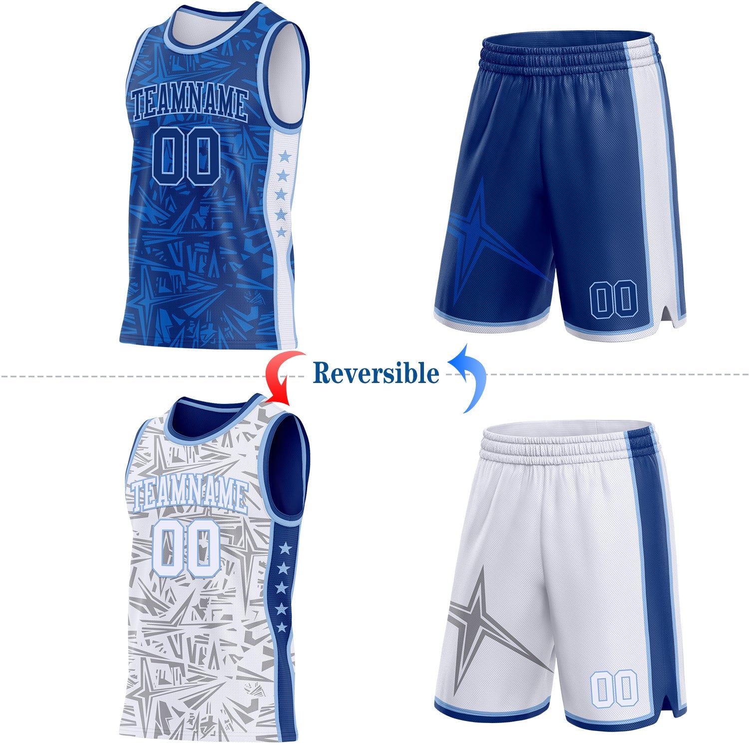 Custom Royal Light Blue-White Side Panel Stripe Stars Geometric Shatter Starburst Reversible Double Side Sublimation Basketball Set Jersey