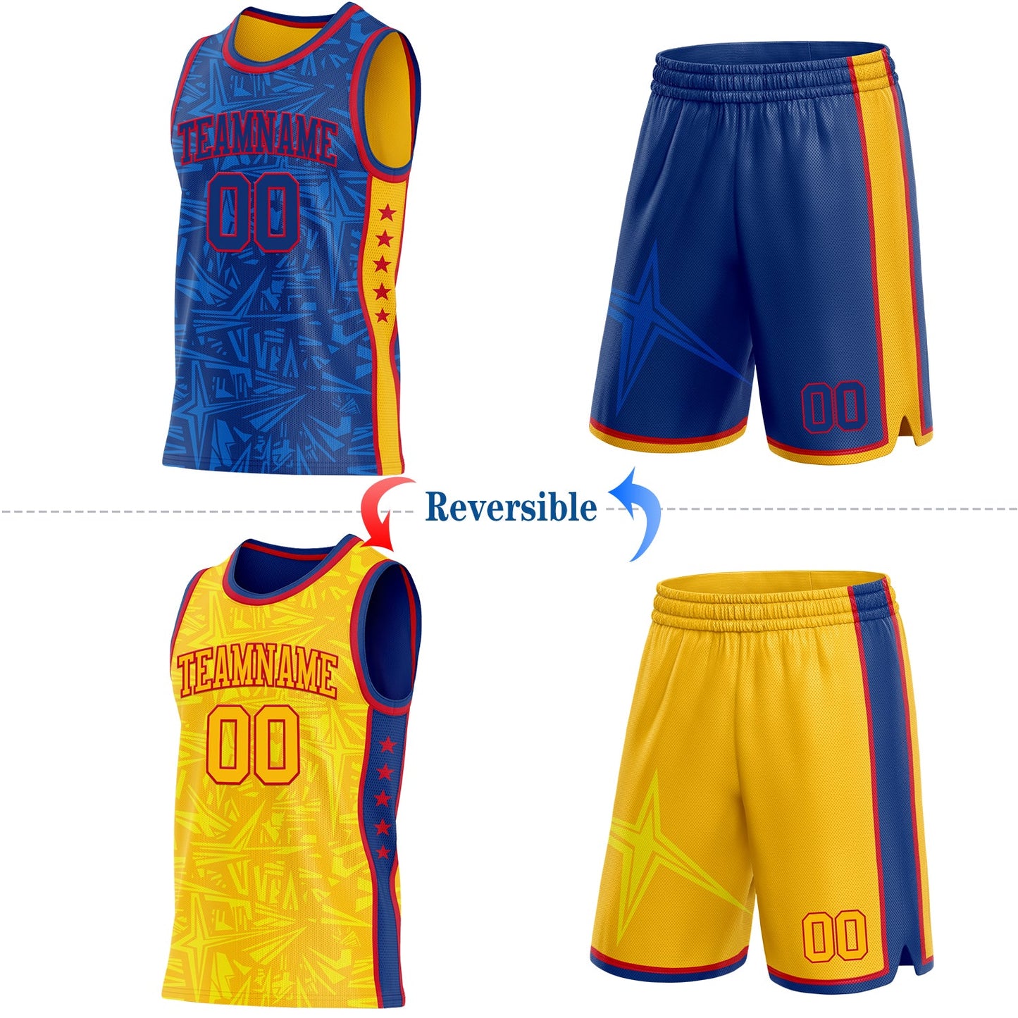 Custom Royal Red-Gold Side Panel Stripe Stars Geometric Shatter Starburst Reversible Double Side Sublimation Basketball Set Jersey