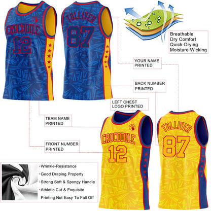 Custom Royal Red-Gold Side Panel Stripe Stars Geometric Shatter Starburst Reversible Double Side Sublimation Basketball Set Jersey