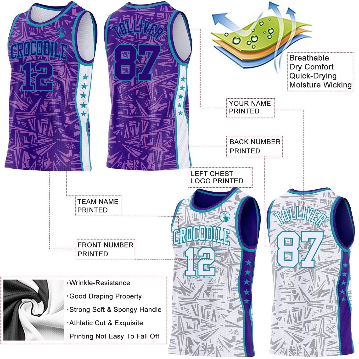 Custom Purple Teal-White Side Panel Stripe Stars Geometric Shatter Starburst Reversible Double Side Sublimation Basketball Set Jersey