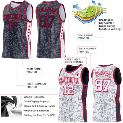 Custom Navy Red-White Side Panel Stripe Stars Geometric Shatter Starburst Reversible Double Side Sublimation Basketball Set Jersey