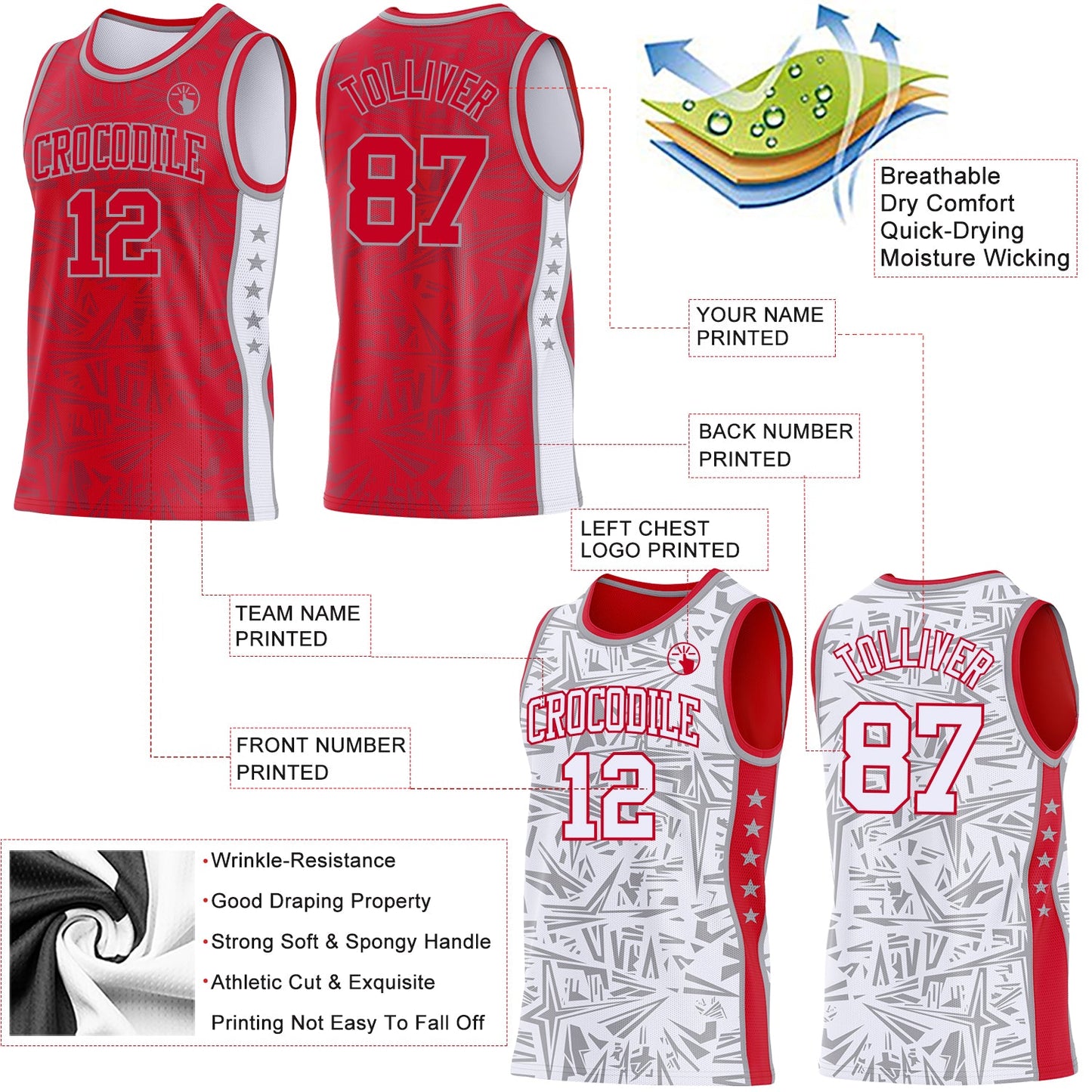Custom Red Gray-White Side Panel Stripe Stars Geometric Shatter Starburst Reversible Double Side Sublimation Basketball Set Jersey