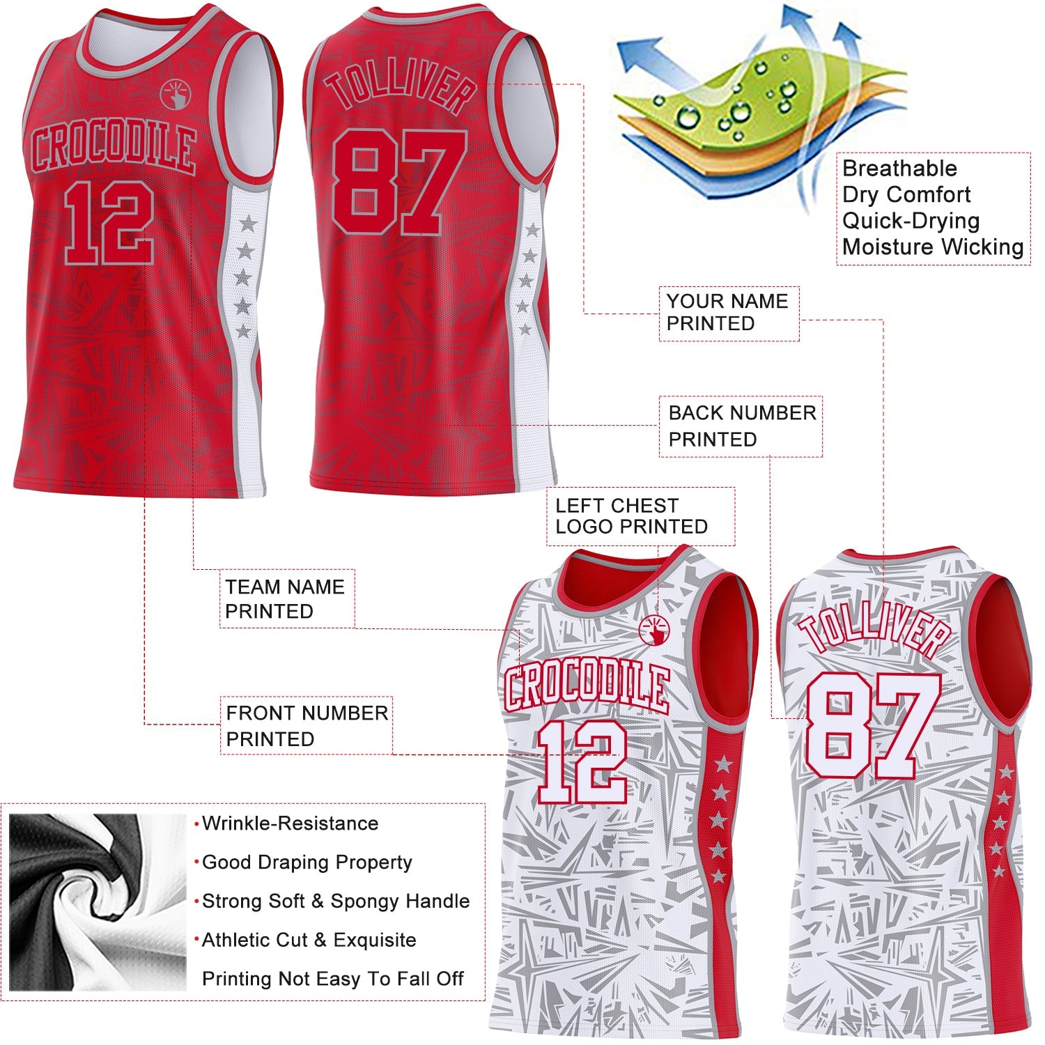 Custom Red Gray-White Side Panel Stripe Stars Geometric Shatter Starburst Reversible Double Side Sublimation Basketball Set Jersey